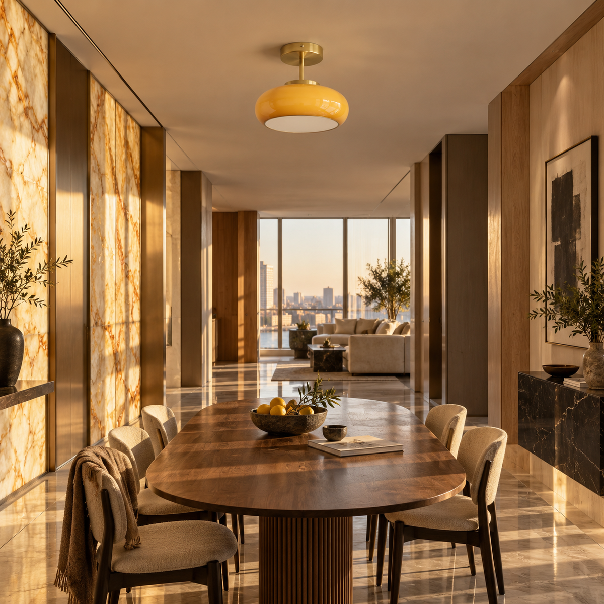 Portalegre yellow glass semi-flush ceiling light, copper finish.
