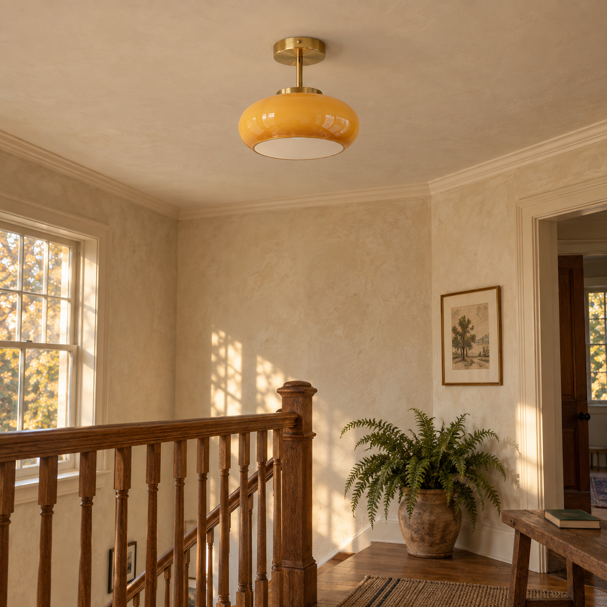 Portalegre yellow glass semi-flush ceiling light, copper finish, in a landing.