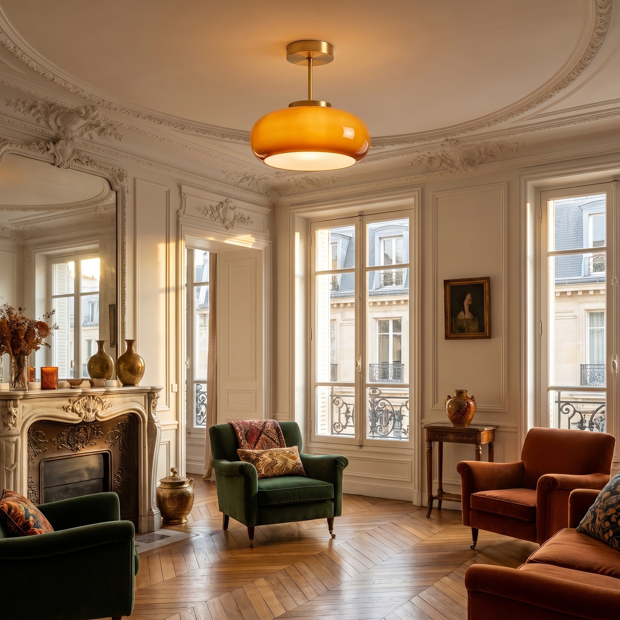 Portalegre yellow glass ceiling light mounted above a softly lit living room