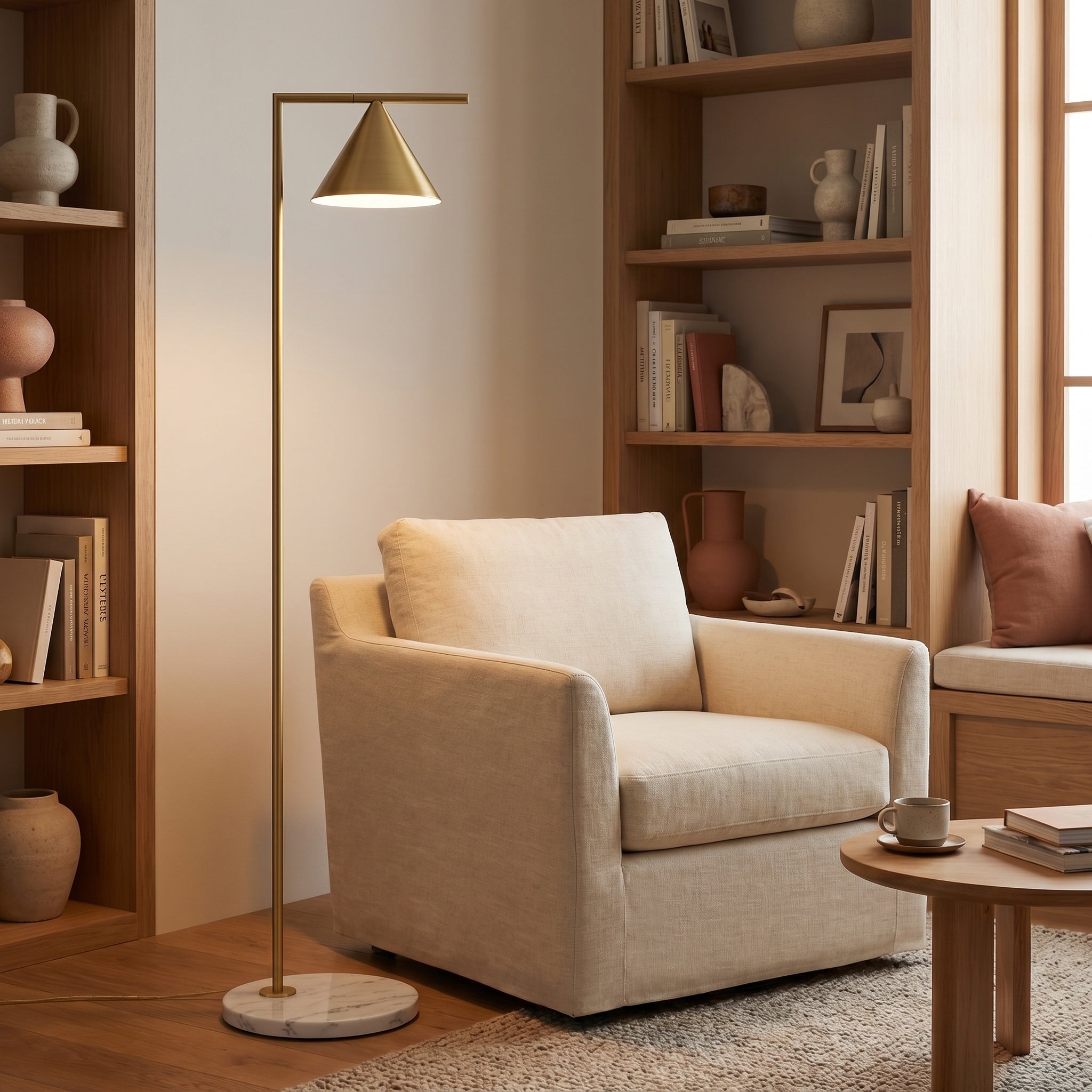 Copper cone floor lamp beside a beige armchair in a softly lit living room.