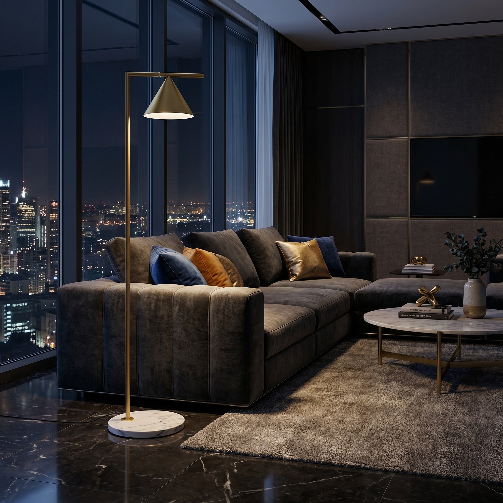 Copper cone floor lamp in a modern penthouse with city skyline at night.