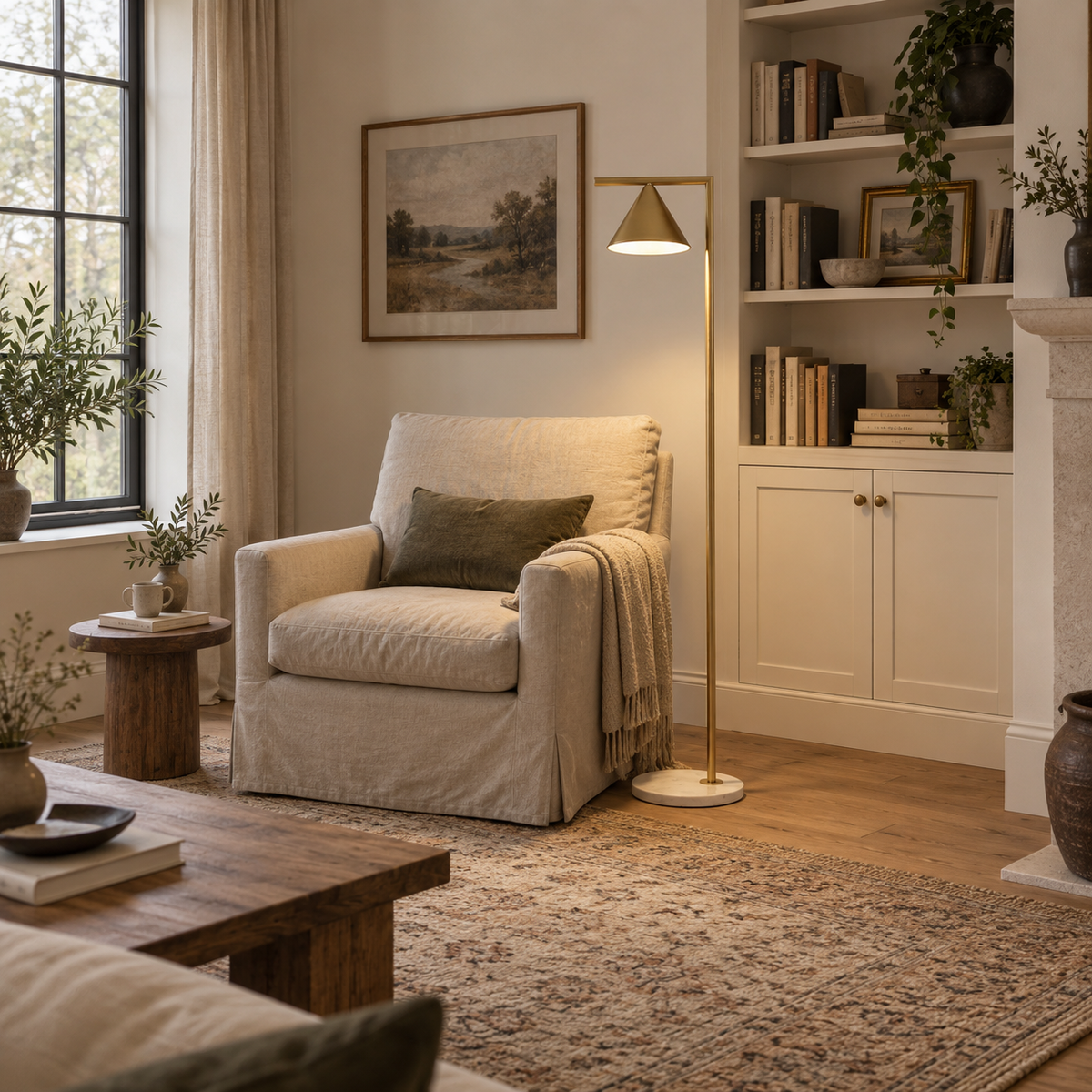 Sagres rotating cone floor lamp in copper, in a reading nook.