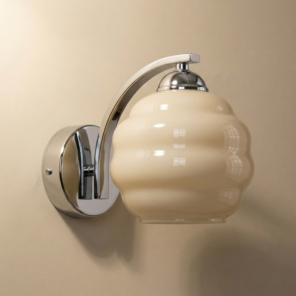 Setúbal Art Deco wall sconce in chrome fitting with amber glass globe shades