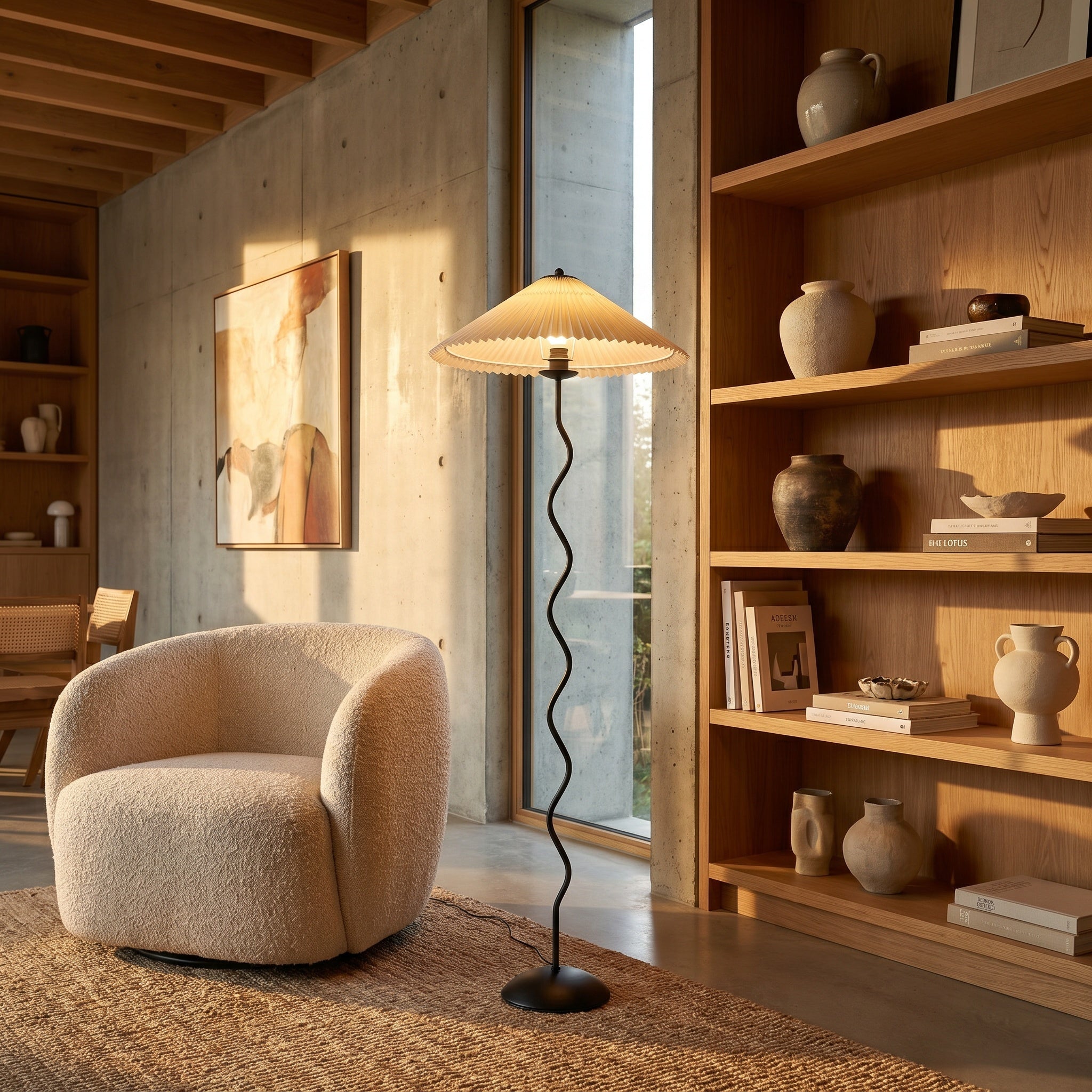 Wavy-stem floor lamp with beige shade in a mid-century wood-clad room with boucle chair.
