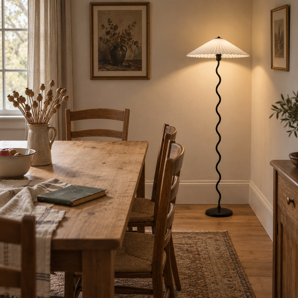 Sintra wavy-stem pleated floor lamp in white, in a dining room.