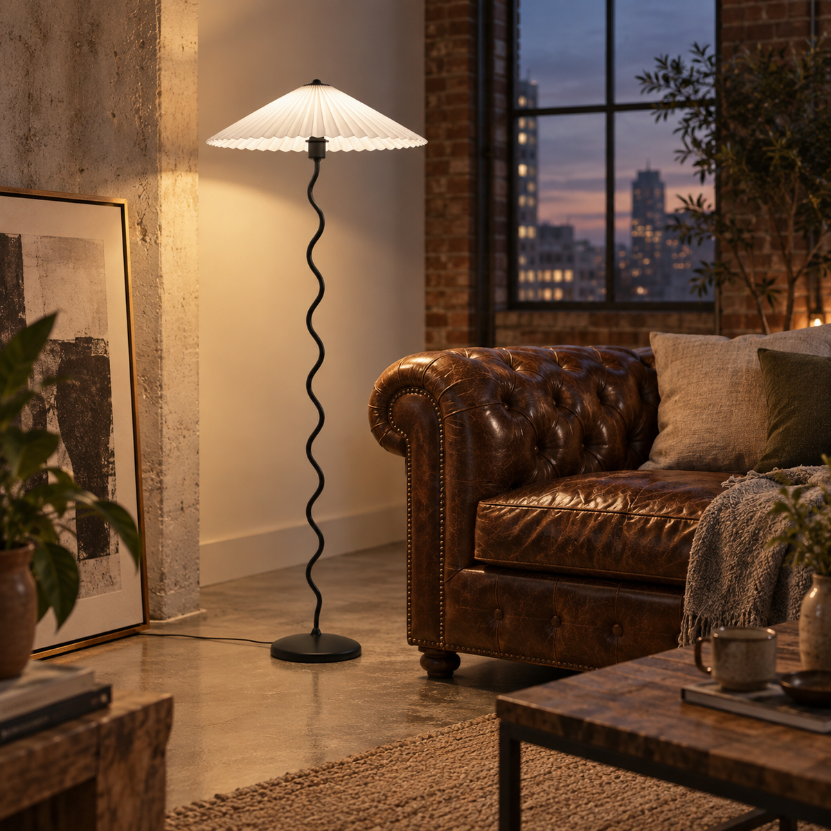 Sintra wavy-stem pleated floor lamp in white, in a loft.