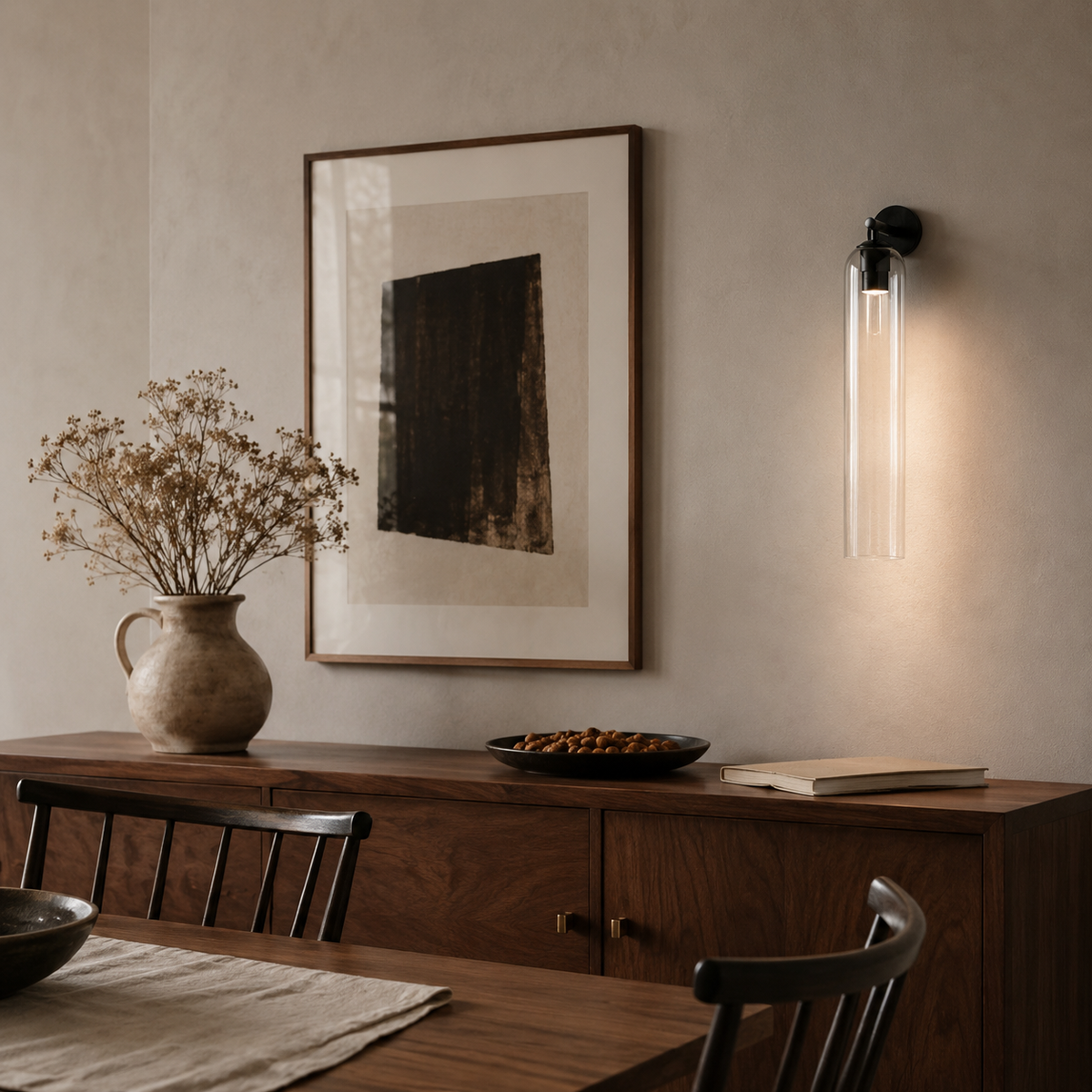 Sortelha mouthblown glass wall sconce in amber, in a dining room.