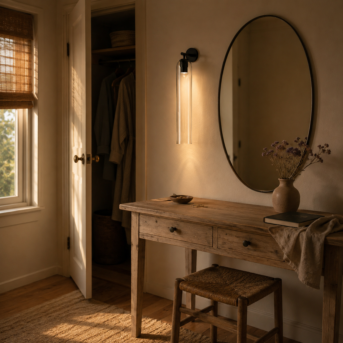 Sortelha mouthblown glass wall sconce in clear, in a dressing room.