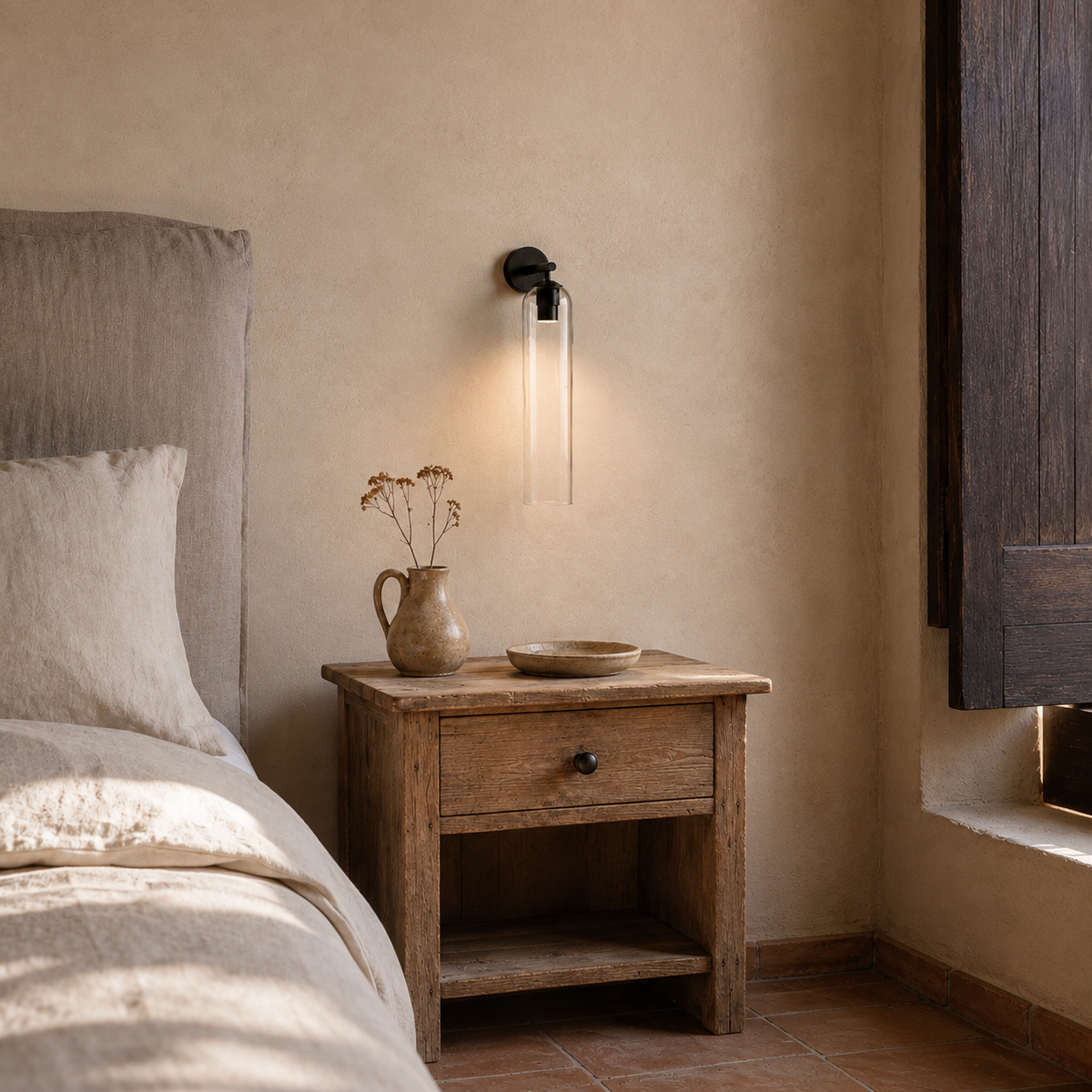 Sortelha mouthblown glass wall sconce in clear, in a bedroom.