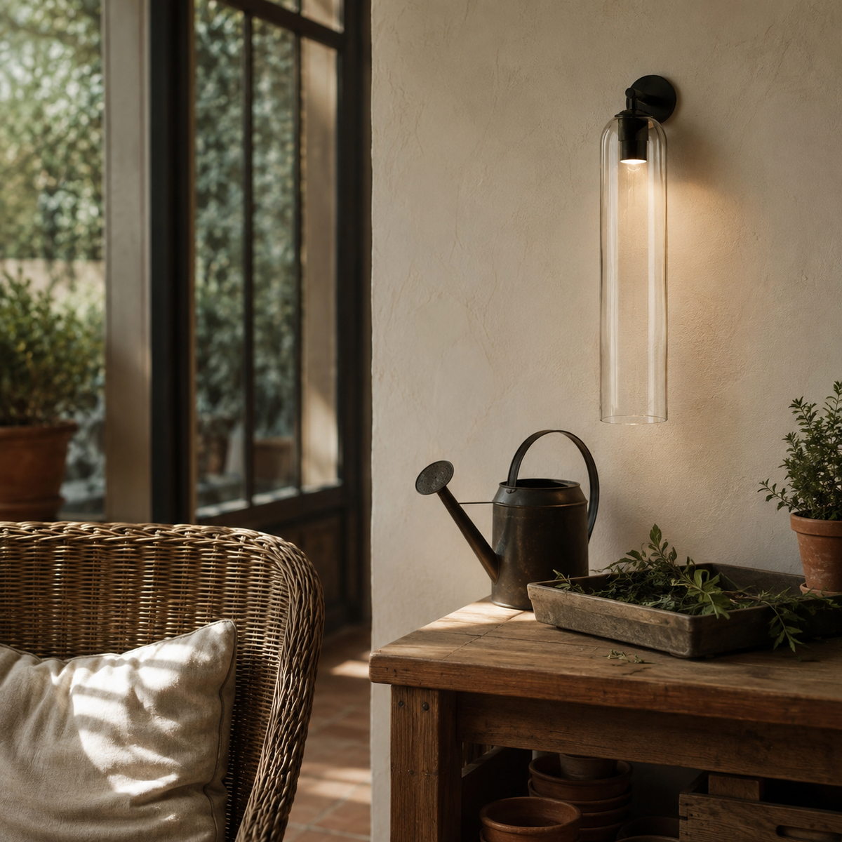 Sortelha mouthblown glass wall sconce in frosted white, in a garden.