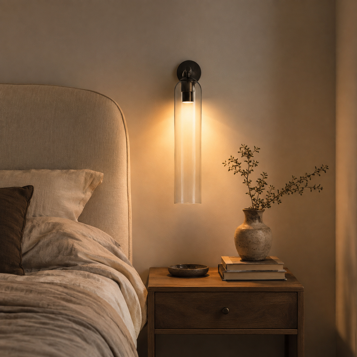 Sortelha mouthblown glass wall sconce, gold fitting, in a bedroom.