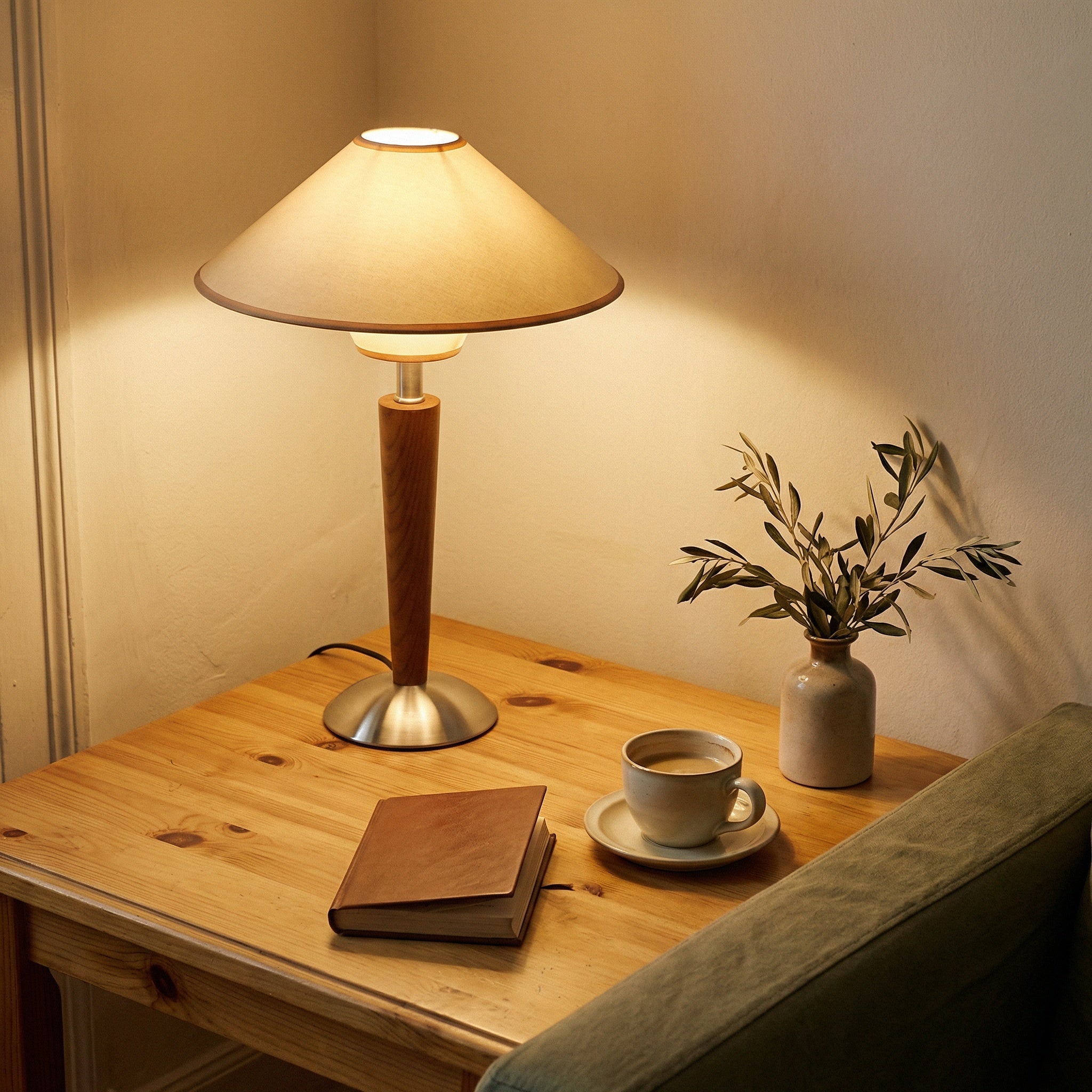 Walnut wooden table lamp with beige shade in a cottage corner with green chair.