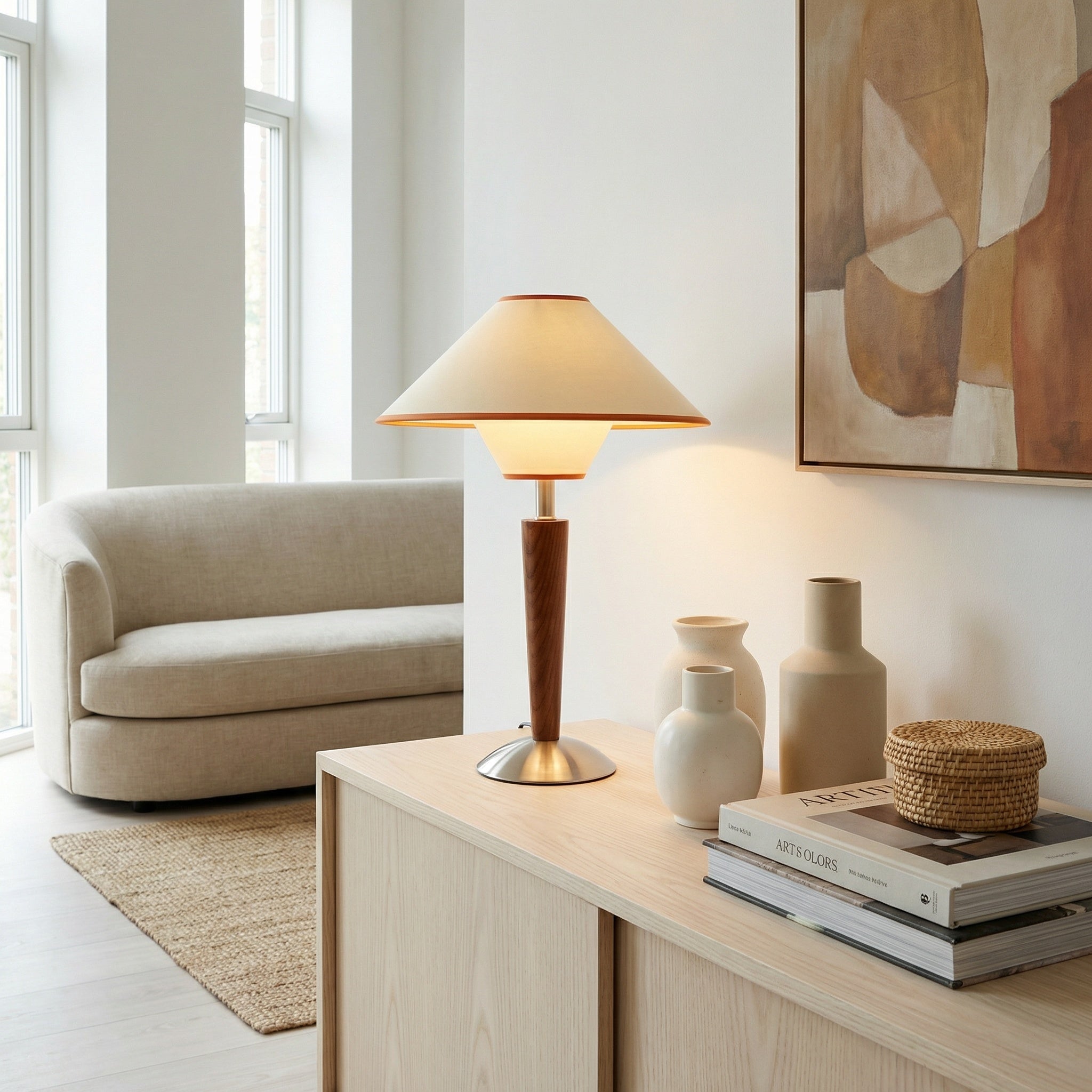 Walnut wooden table lamp with beige shade in a modern living room beside a beige sofa.