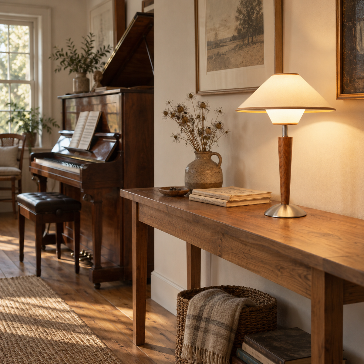 Tavira modern wooden table lamp in beige, beside a console table.