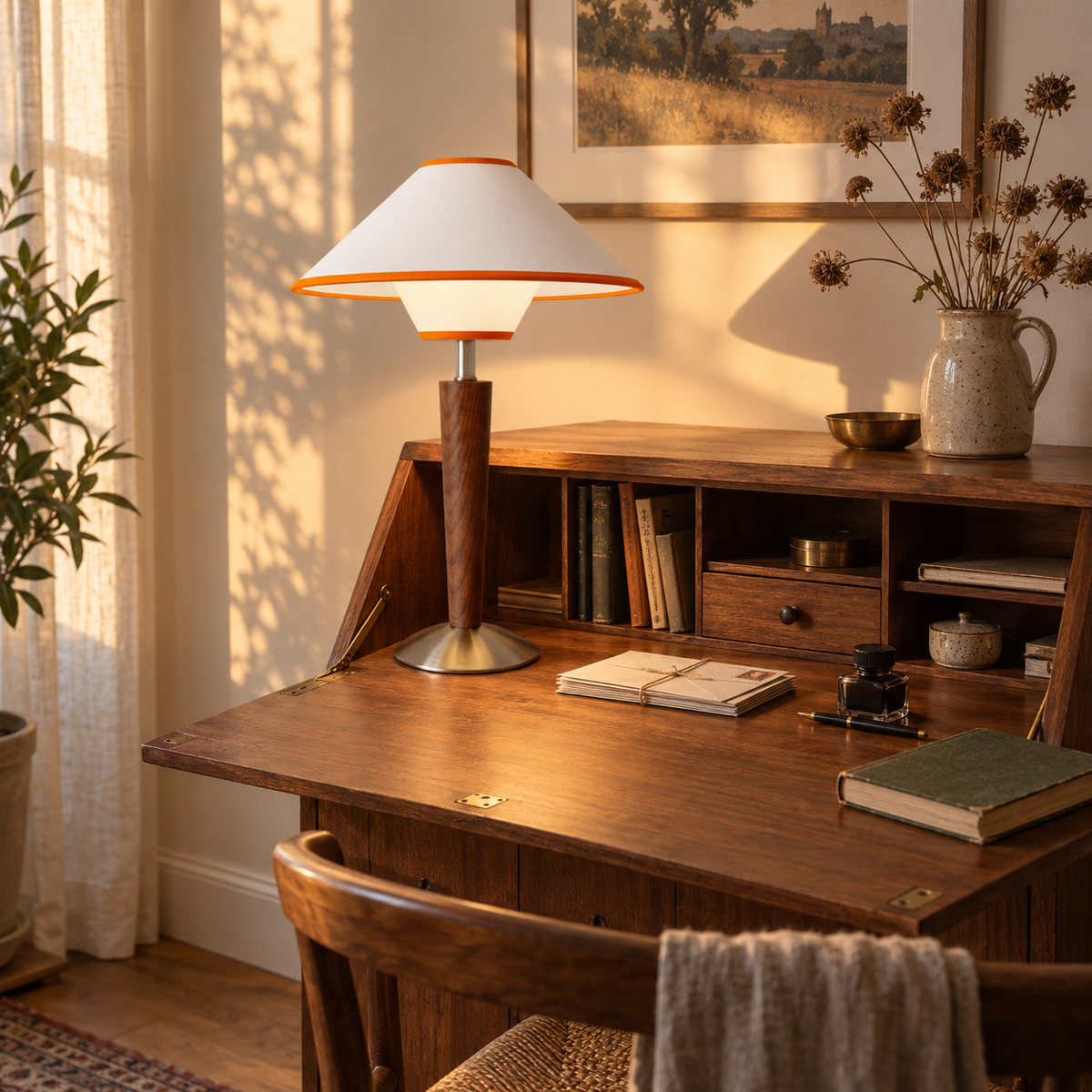 Tavira modern wooden table lamp in tan, in a living room.