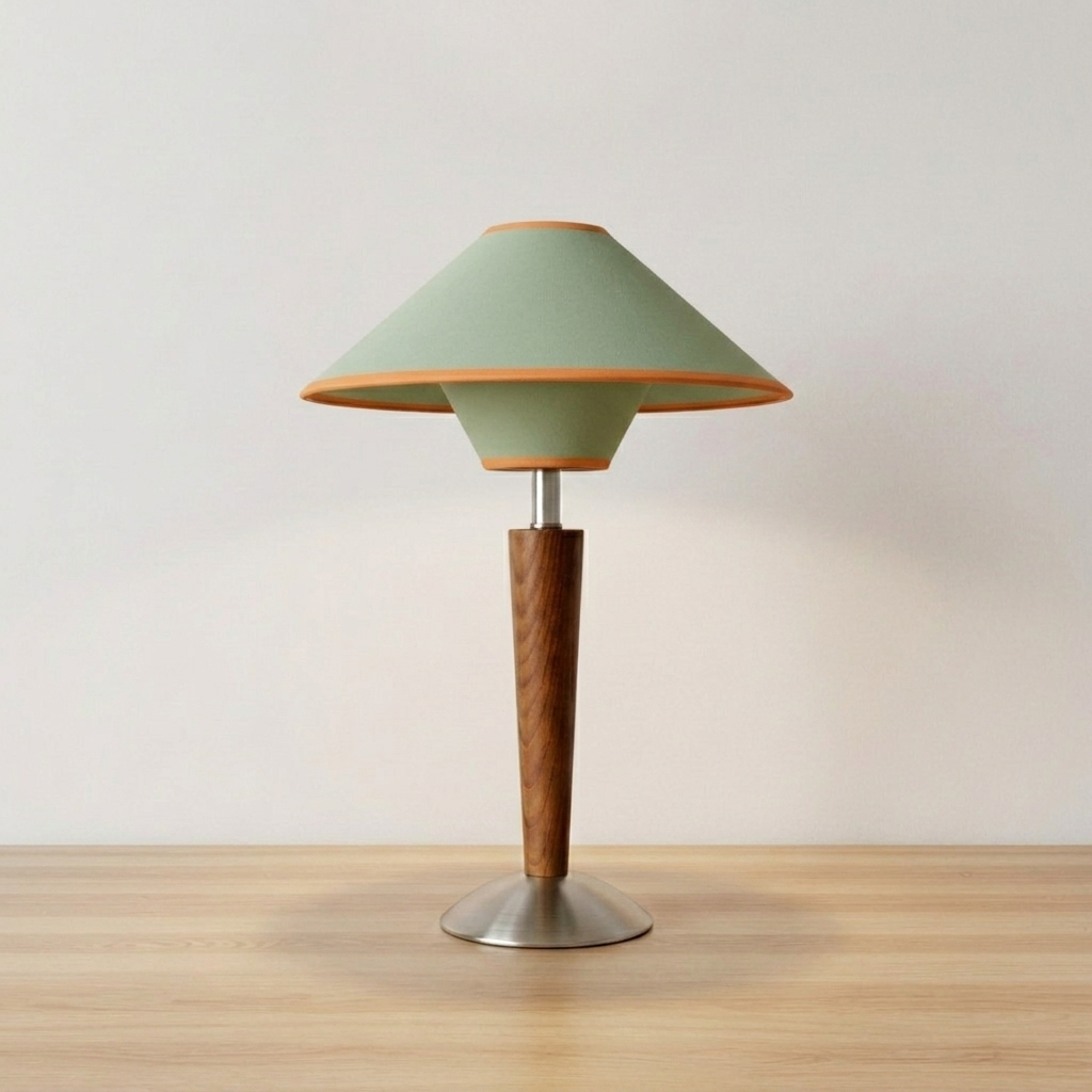 Wooden table lamp with walnut-finished base and green fabric shade, product shot.