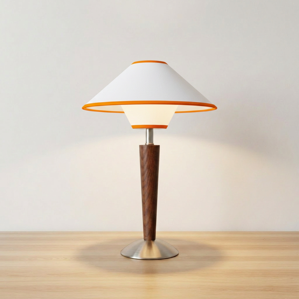 Wooden table lamp with walnut-finished base and tan fabric shade, product shot.