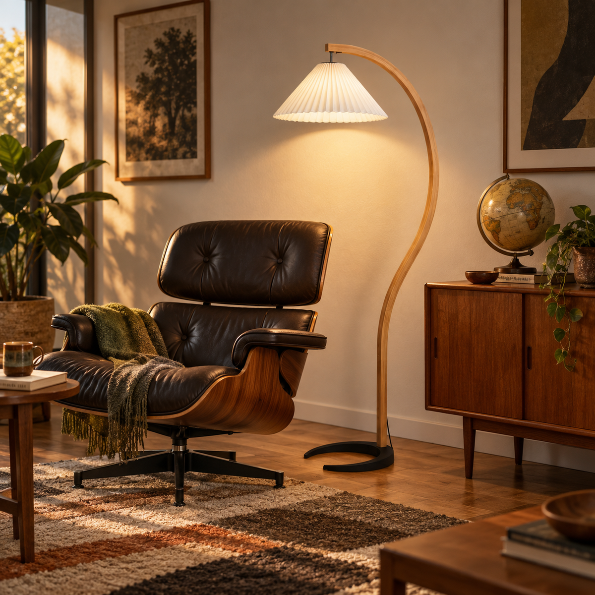 Tomar bentwood pleated floor lamp in coffee, in a den.