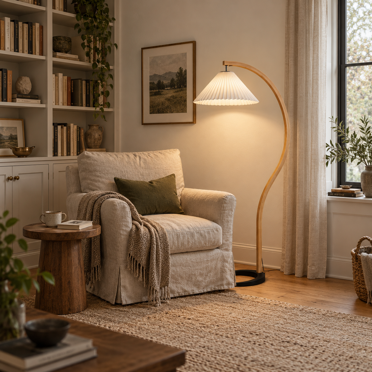 Tomar bentwood pleated floor lamp in white, in a reading nook.