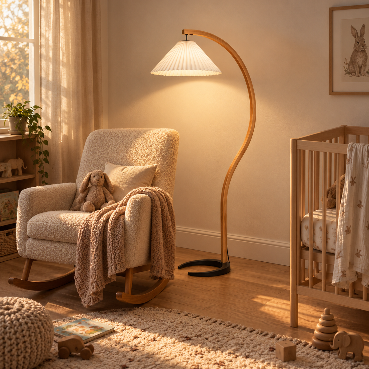 Tomar bentwood pleated floor lamp in white, in a nursery.
