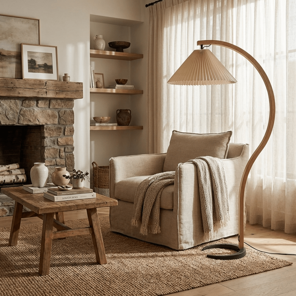 Bentwood beech floor lamp with beige pleated shade beside a stone fireplace and beige sofa.