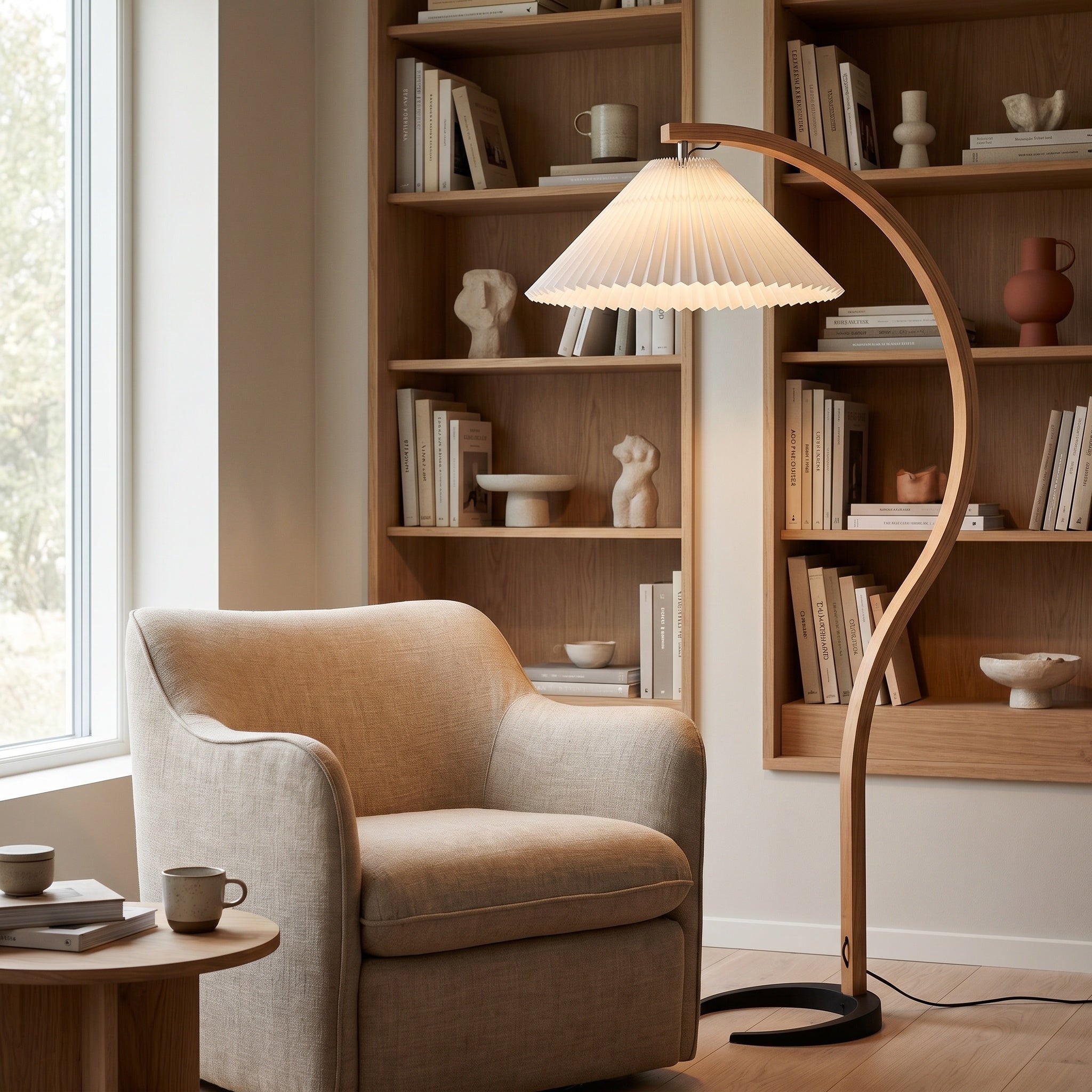 Bentwood beech floor lamp with white pleated shade beside a beige armchair in a reading nook.