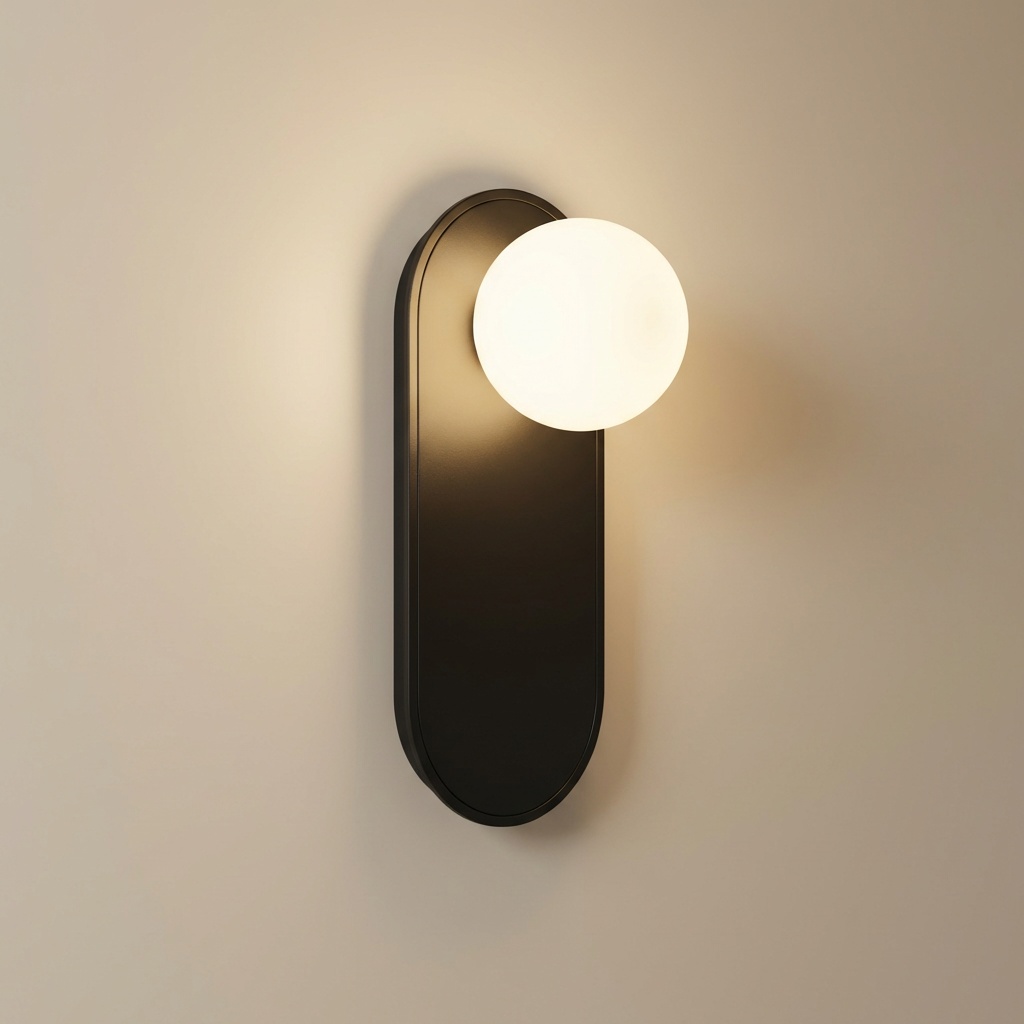 Valença wall sconce front view, slim painted metal arm and clear glass ring base