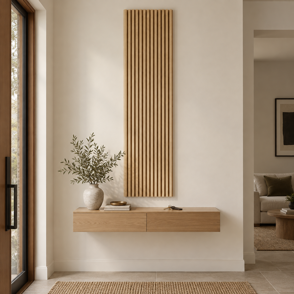 Vela oak slat wall panel in oak, in an entryway.