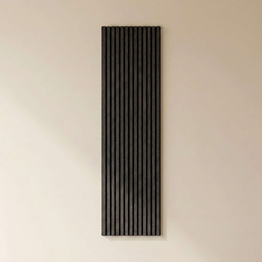 Vela oak slat wall panel in natural black oak, vertical slats.