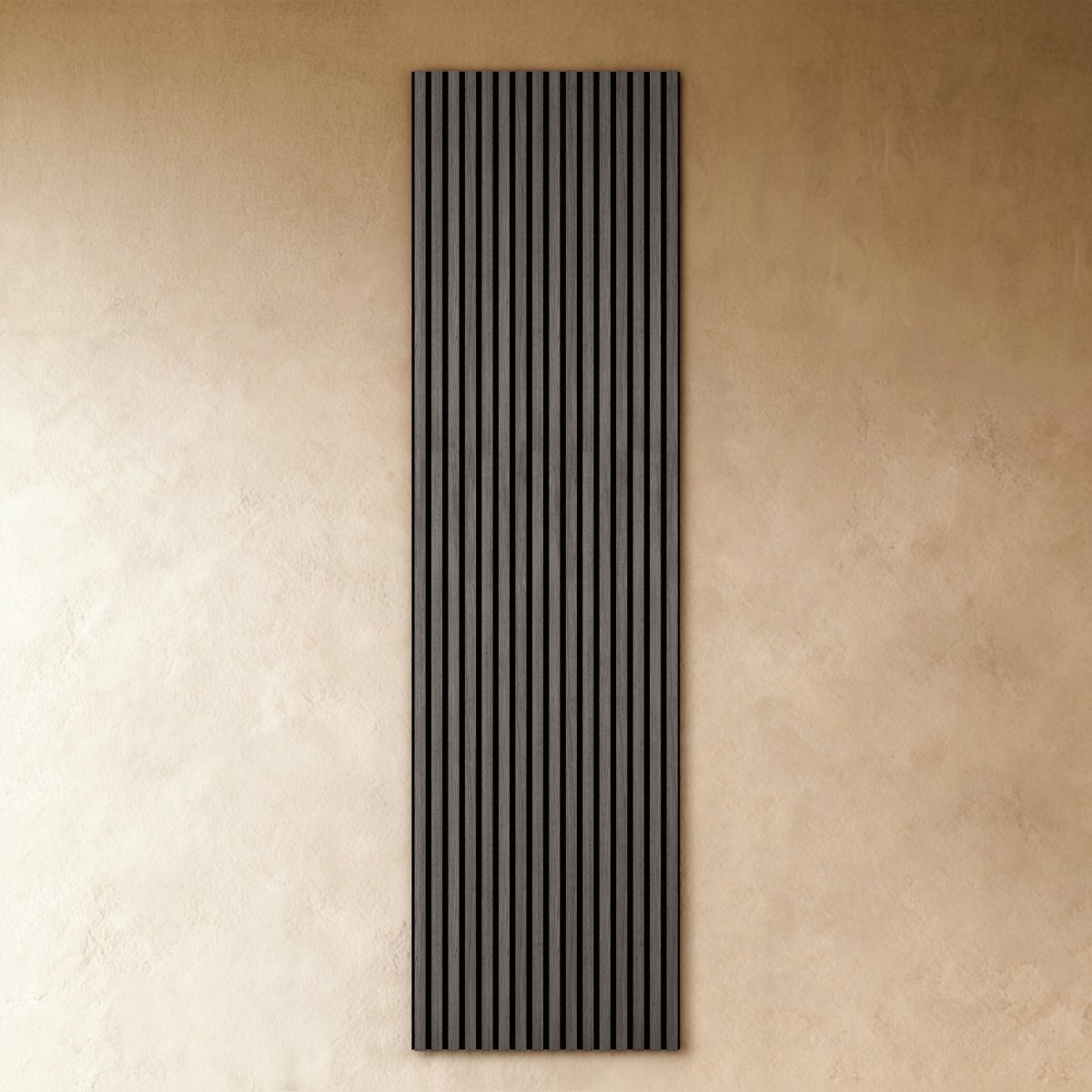 Vela slat panels installed across a wall, vertical lines of natural oak.