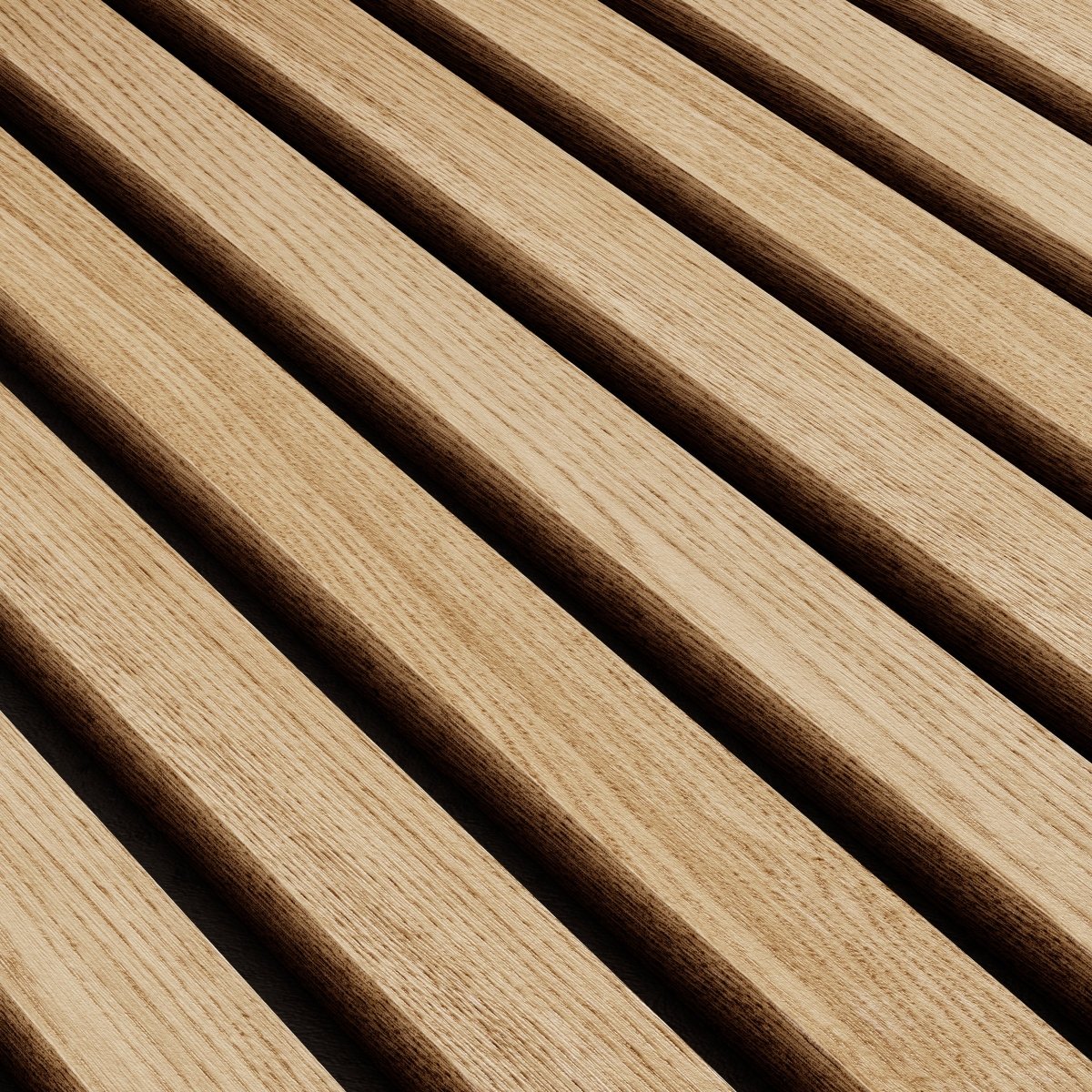 Vela slat panels in a workspace, oak slats behind the desk.