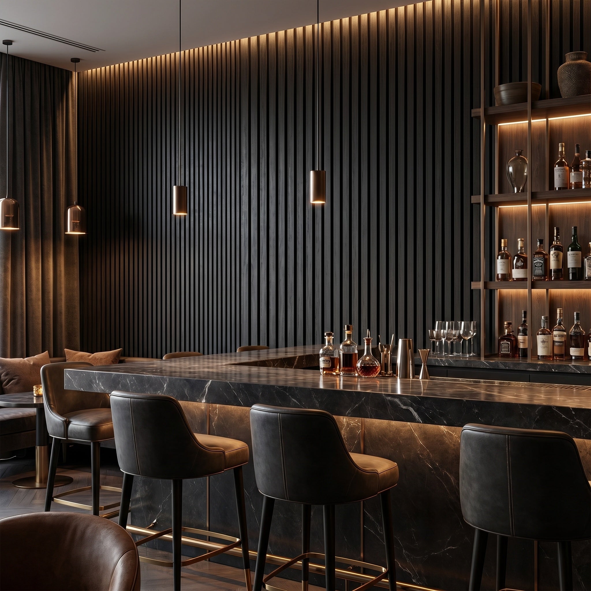 Vela slat panels in a lounge, walnut tones grounding the room.