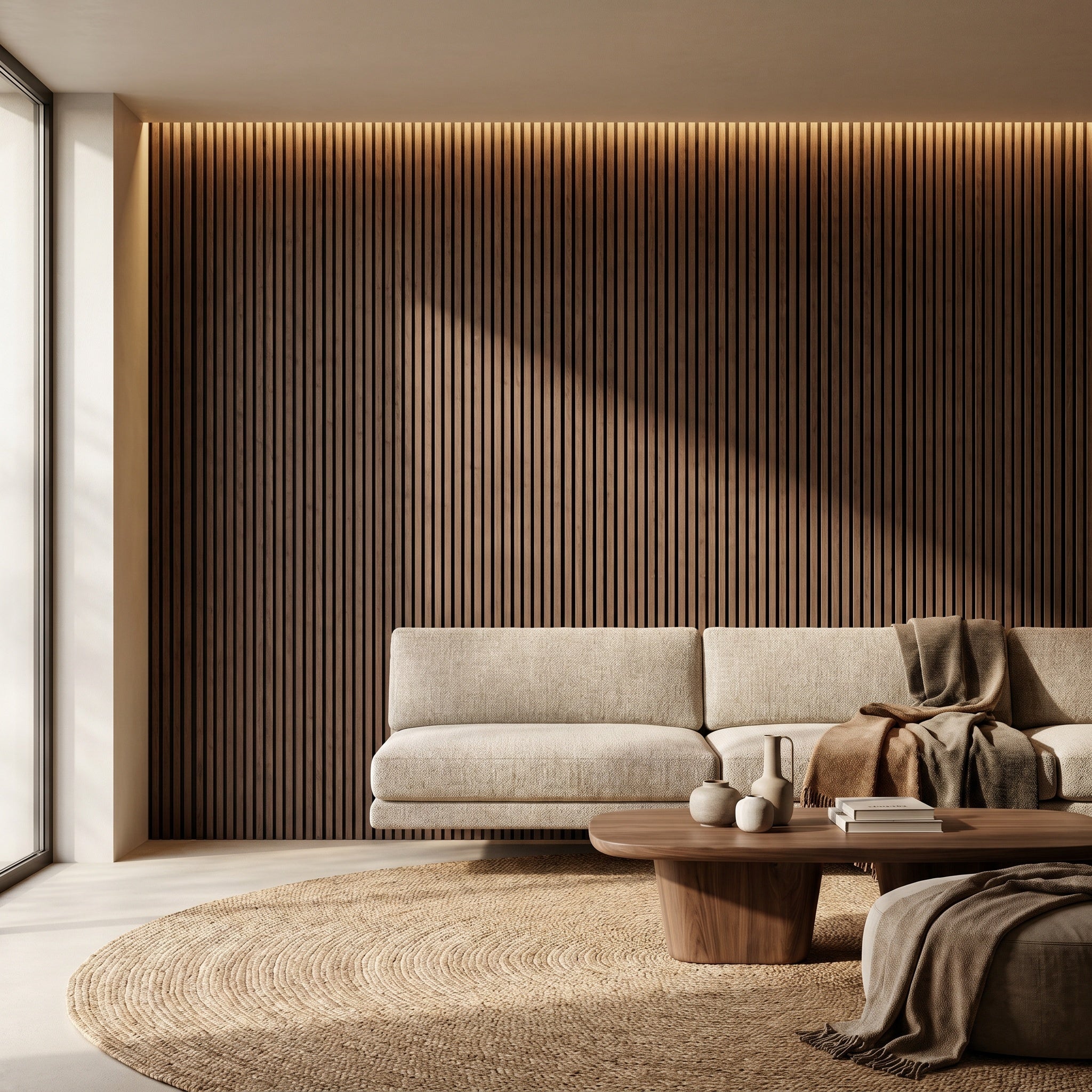 Vela slat panels in a dining area, vertical oak texture across the wall.