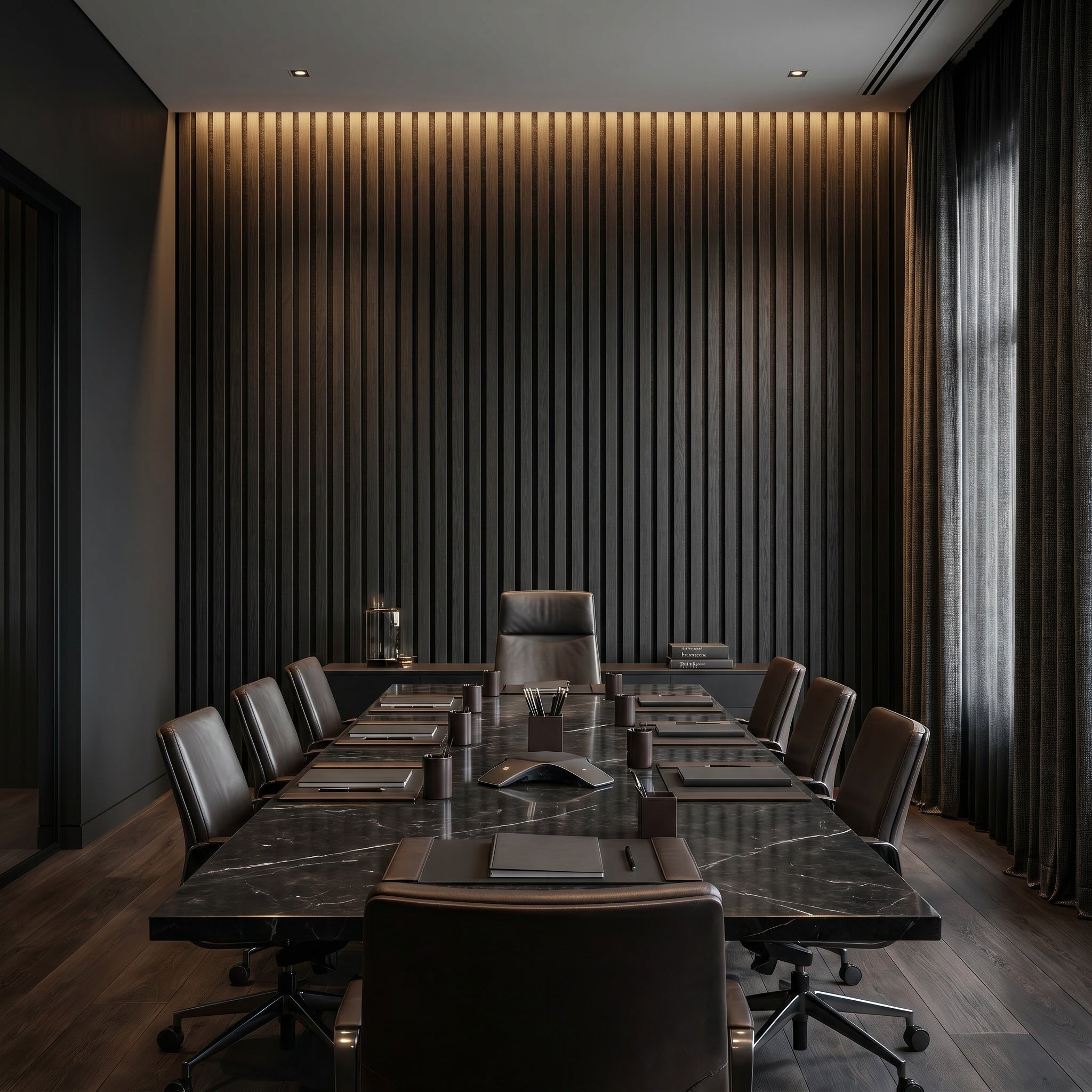 Vela slat panels in a styled interior, soft natural light on oak slats.