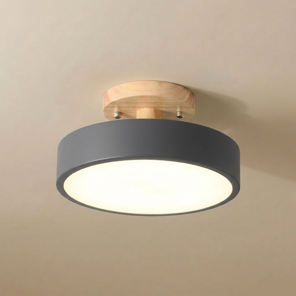 Viseu Nordic LED semi-flush ceiling light, gray drum shade with wood canopy, studio view.