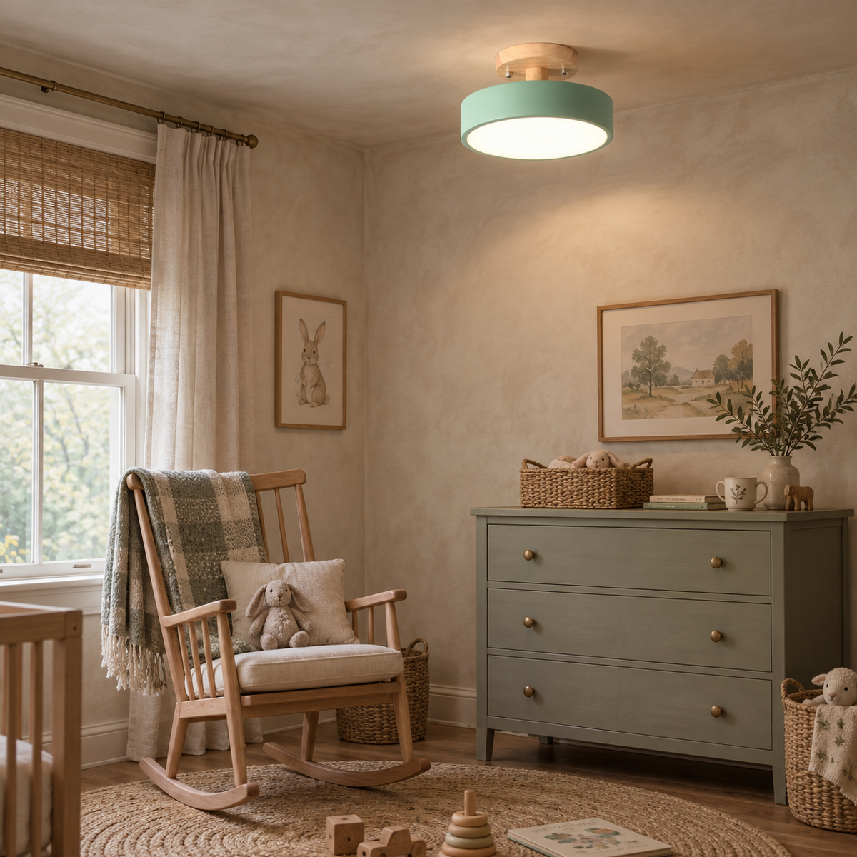 Viseu Nordic LED semi-flush mount ceiling light in green, in a nursery.