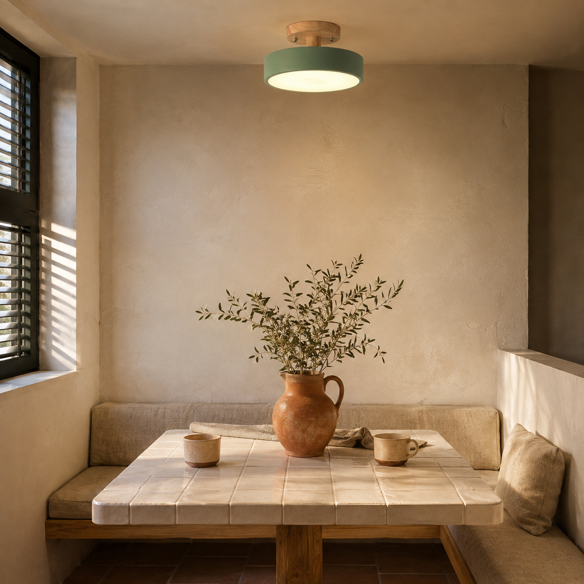 Viseu Nordic LED semi-flush mount ceiling light in green, in a breakfast nook.