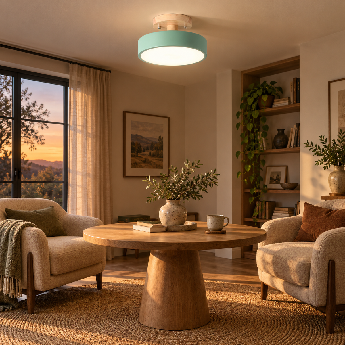 Viseu Nordic LED semi-flush mount ceiling light, in a conversation corner.
