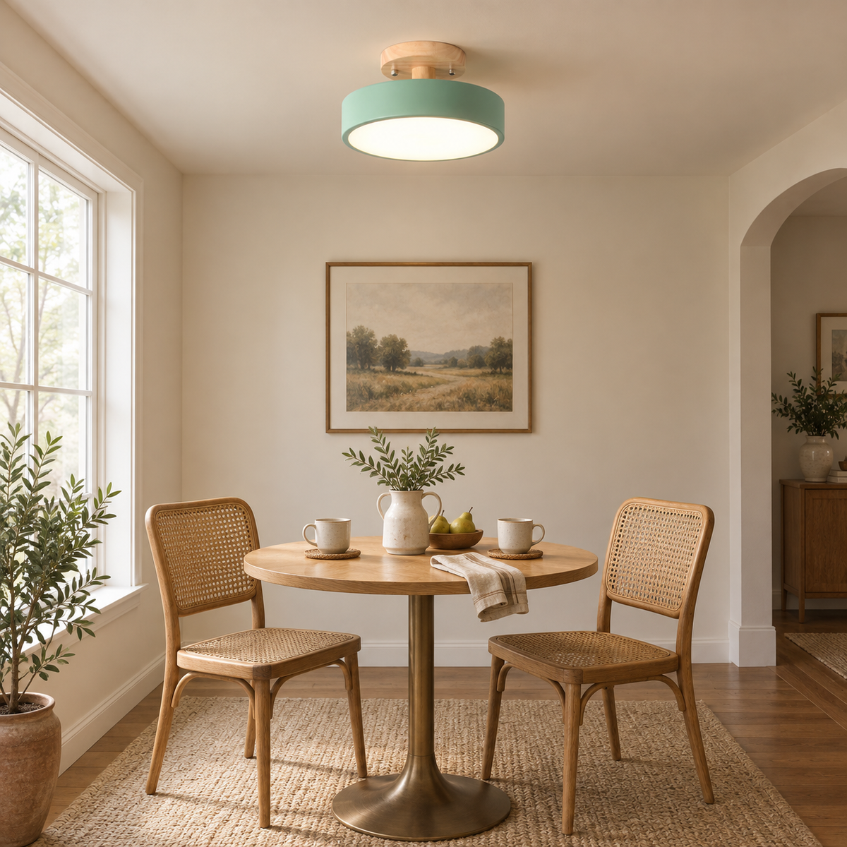 Viseu Nordic LED semi-flush mount ceiling light, warm light, beside a breakfast nook table.