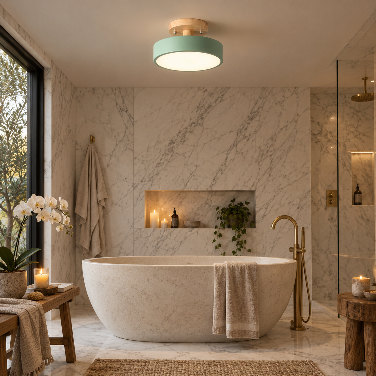 Viseu Nordic LED semi-flush mount ceiling light, warm light, in a bathroom.