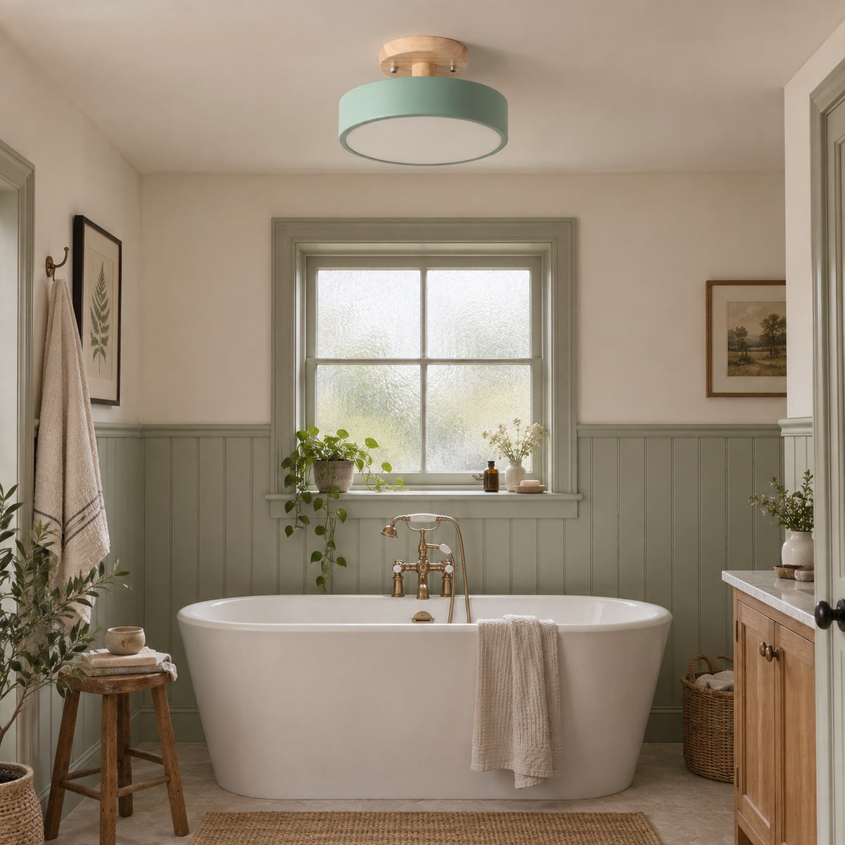 Viseu Nordic LED semi-flush mount ceiling light, warm light, in a bathroom, beside a bathtub rim.
