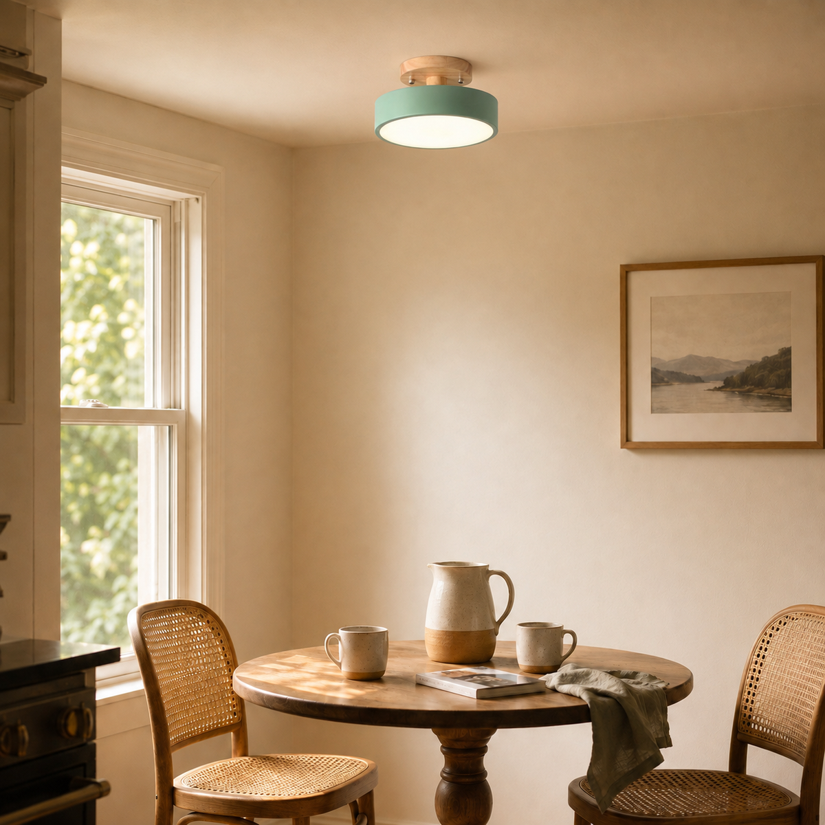 Viseu Nordic LED semi-flush mount ceiling light, warm light, in a breakfast nook.