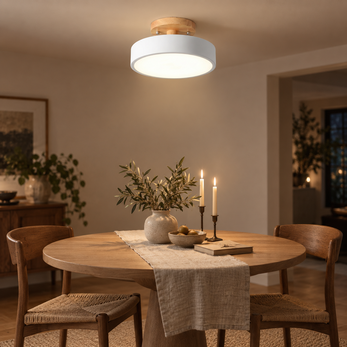Viseu Nordic LED semi-flush mount ceiling light in white, in a dining corner.