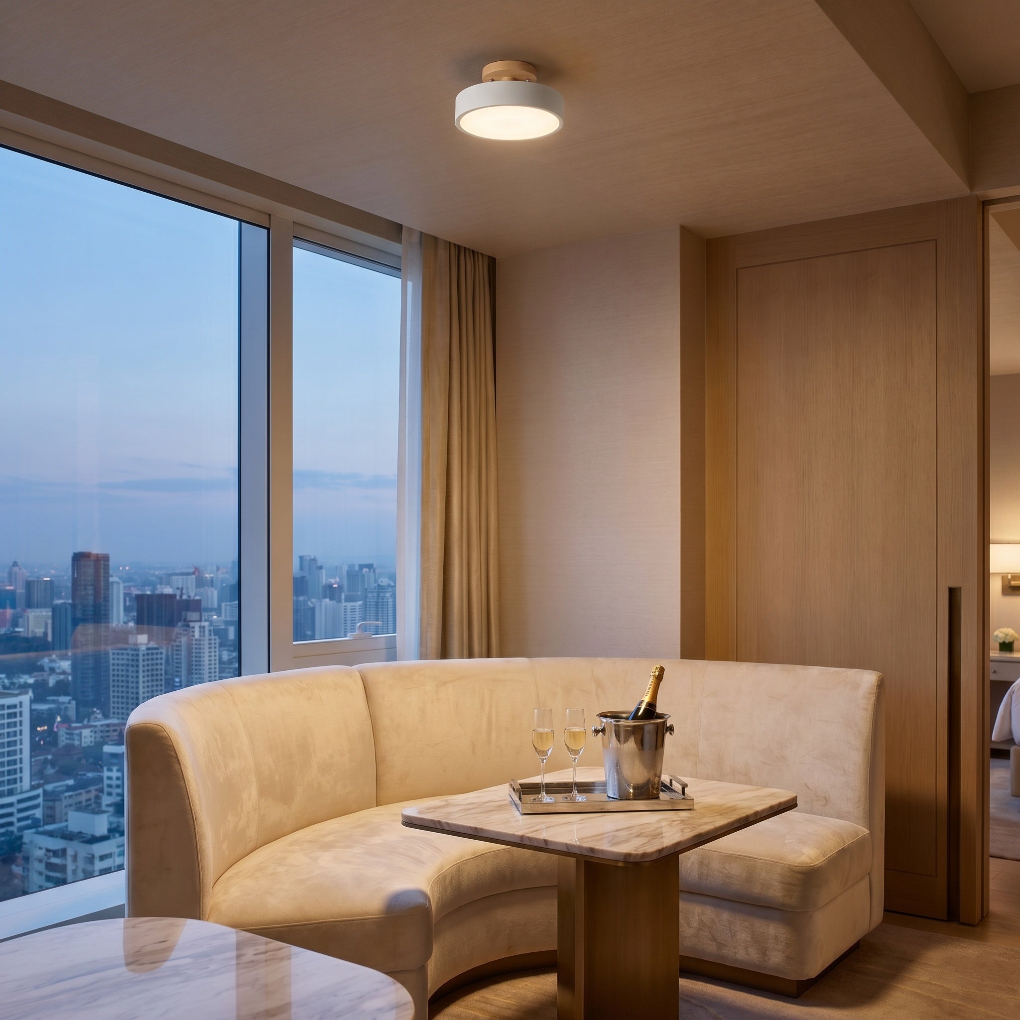 Viseu Nordic LED semi-flush ceiling light, white finish with wood canopy, in a lounge with city view.