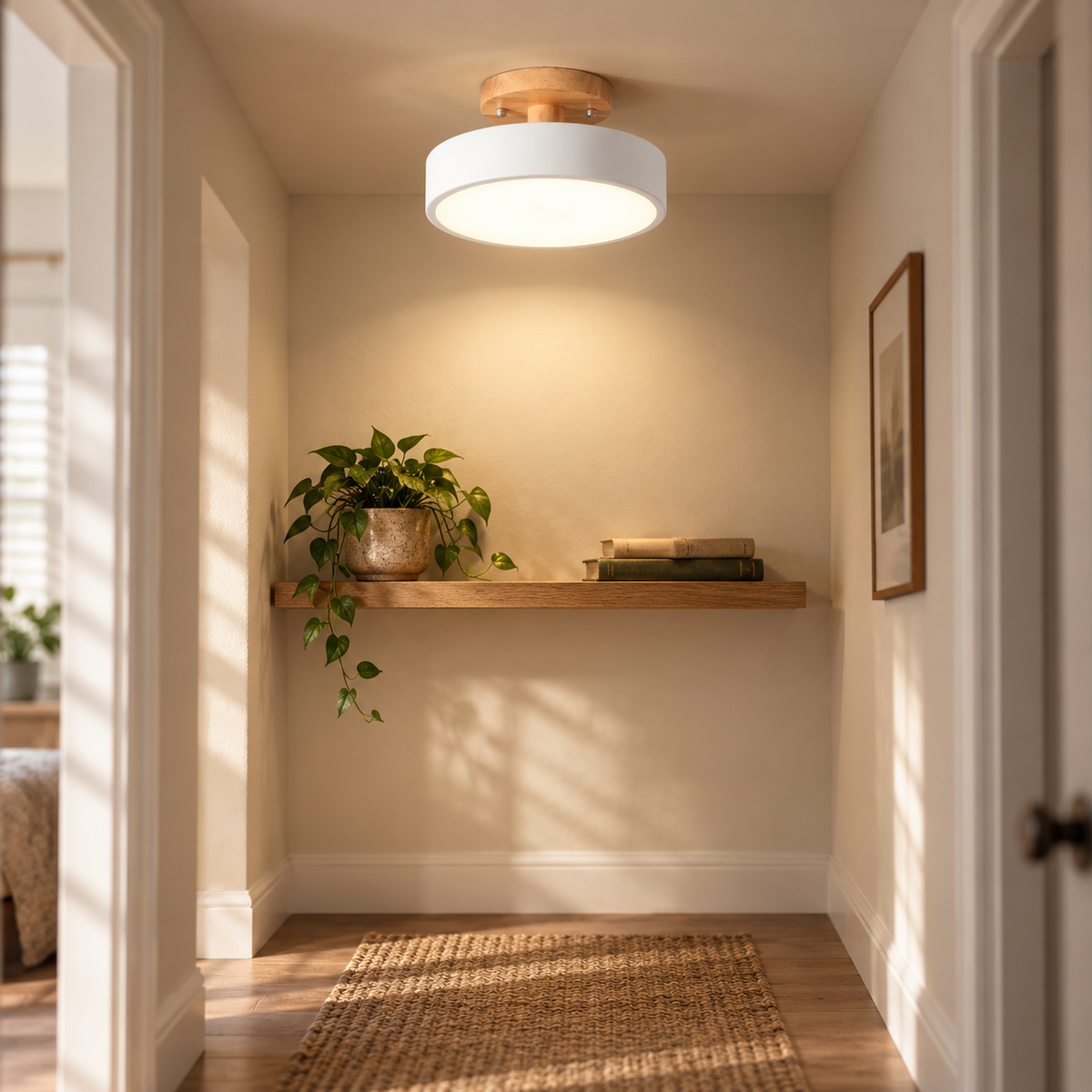 Viseu Nordic LED semi-flush mount ceiling light in white, in a hallway.