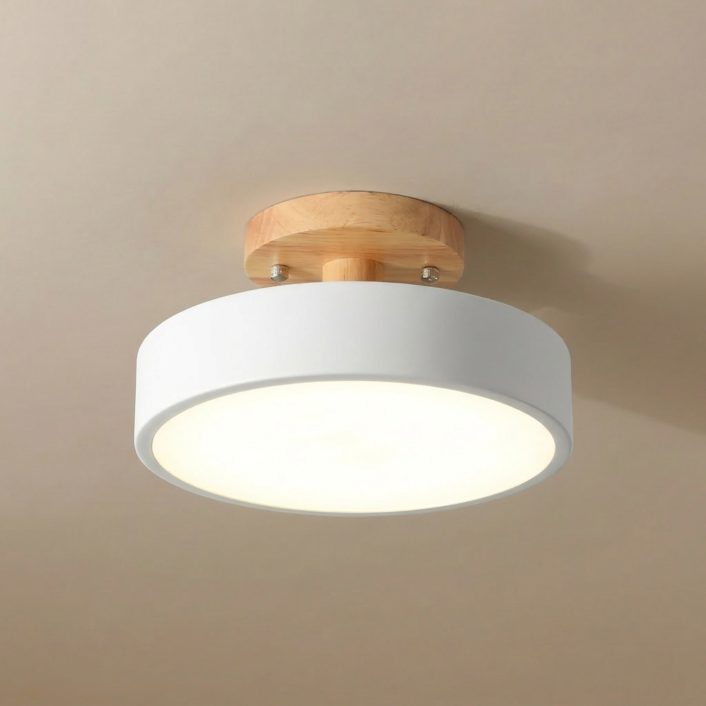 Viseu Nordic LED semi-flush ceiling light, white drum shade with wood canopy, studio view.