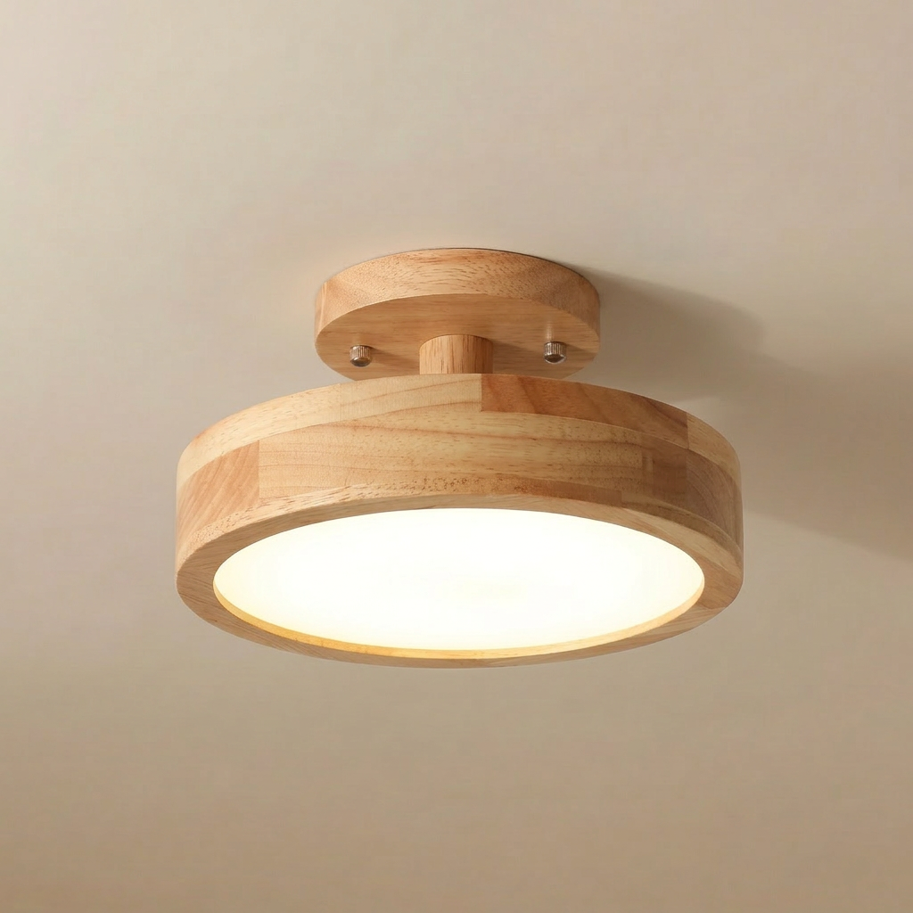 Viseu Nordic LED semi-flush ceiling light, natural wood drum shade and canopy, studio view.